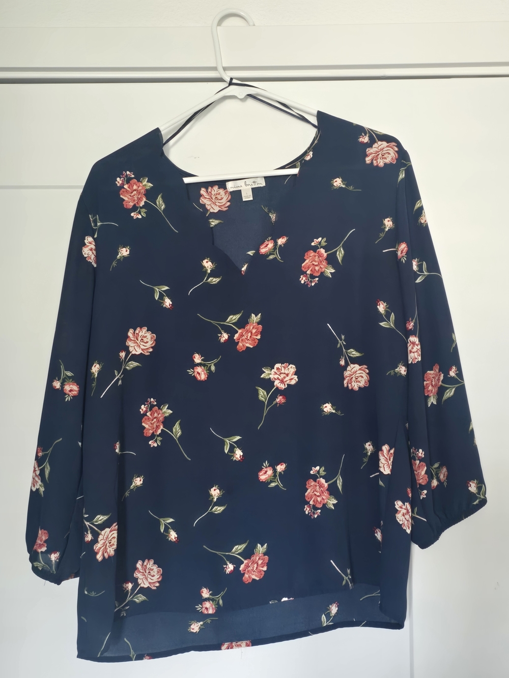 nine britton Navy Floral V-Neck Blouse with Pink Roses